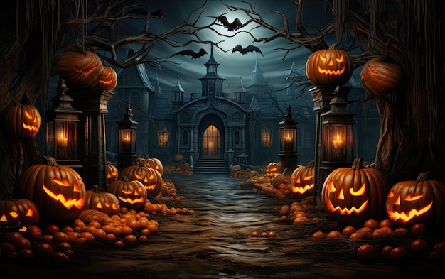 uma ilustração de Halloween de uma casa assustadora com abóboras na parede.