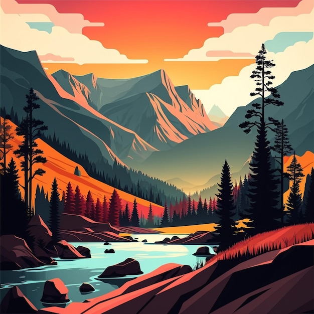 Uma ilustração de imagem de uma cena de montanha com um rio e árvores generativas ai