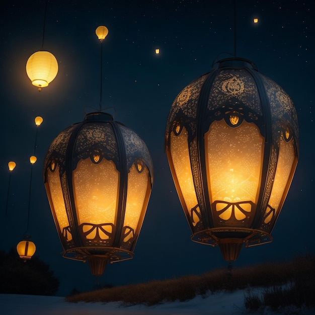 uma ilustração de lanternas luminosas no céu noturno