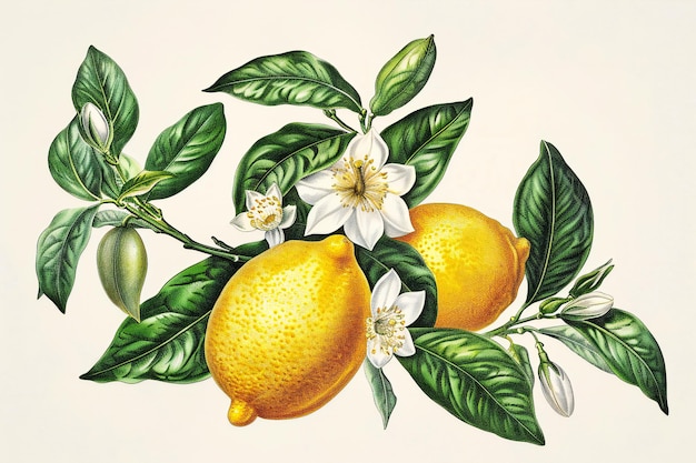 uma ilustração de limões e folhas com flores