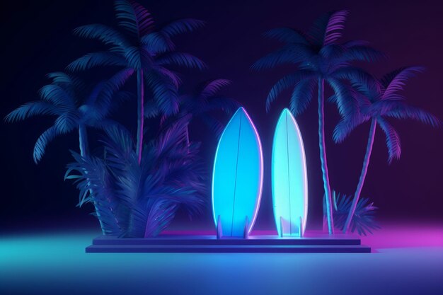 Uma ilustração de luz neon de uma prancha de surf e palmeiras.