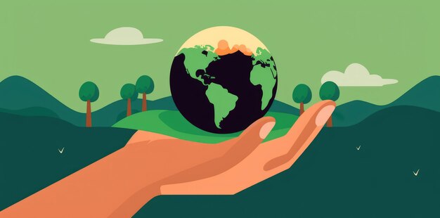 Foto uma ilustração de mãos humanas segurando o planeta terra nas cores laranja e verde, representando o conceito de ecologia e mudança climática generative ai