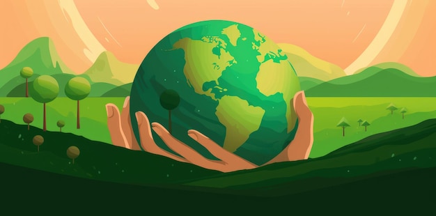 Uma ilustração de mãos humanas segurando o planeta Terra nas cores laranja e verde, representando o conceito de ecologia e mudança climática Generative AI