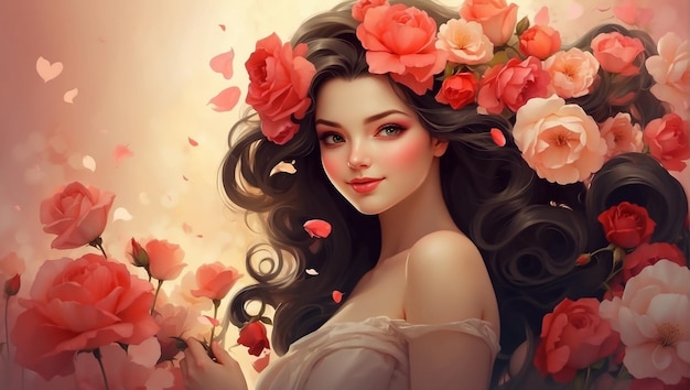 Foto uma ilustração de menina bonita com flores