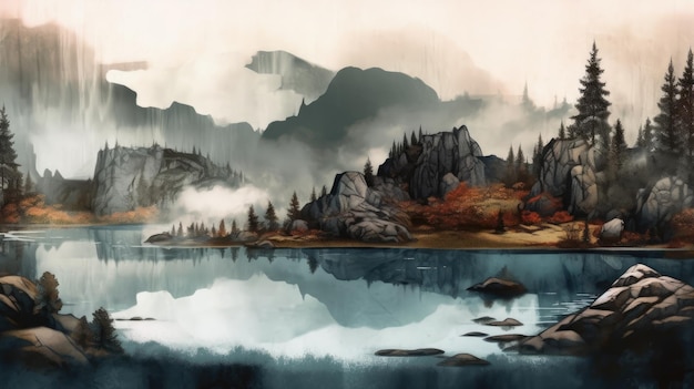 Uma ilustração de paisagem com uma enorme formação rochosa distante em uma atmosfera nebulosa, bem como um pequeno lago e flora