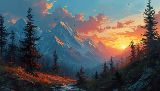 Foto uma ilustração de paisagem de montanha ao pôr-do-sol no estilo de avianthemed eu não posso acreditar como
