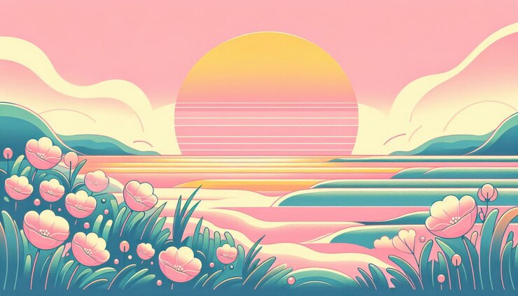 Foto uma ilustração de paisagem rosa e amarela com flores de pôr-do-sol e desenho de ilustração de praia
