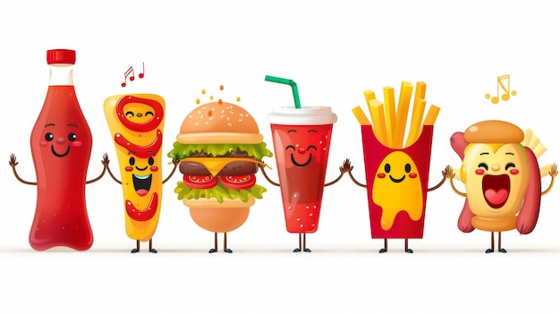 Uma ilustração de personagens de fast food retro Há garrafas de ketchup e mostarda pizza batatas fritas copos de refrigerante e cachorros-quentes sorrindo em um fundo branco