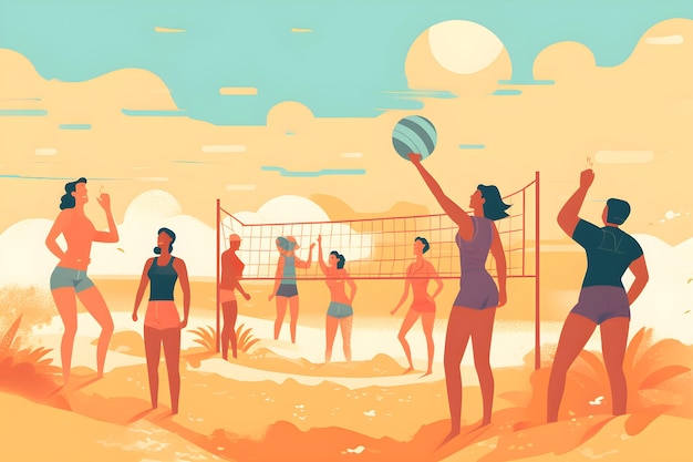 Uma ilustração de pessoas jogando vôlei na praia.