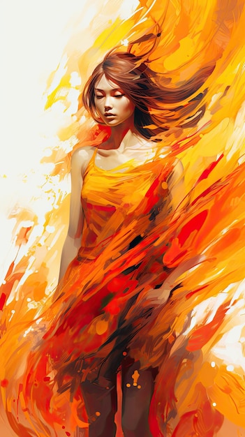 Uma ilustração de pintura digital de uma mulher com um incêndio como vestido em fundo branco