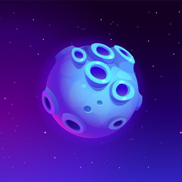 Uma ilustração de pixel art apresenta um planeta azul e roxo na vastidão de