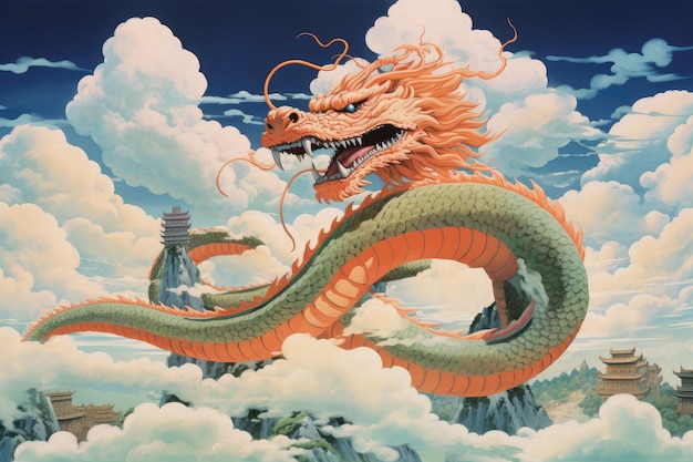 Uma ilustração de Shenron flutuando entre nuvens nimbus