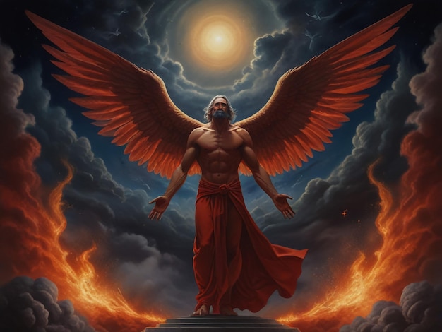 uma ilustração de um anjo com um halo e chamas no fundo