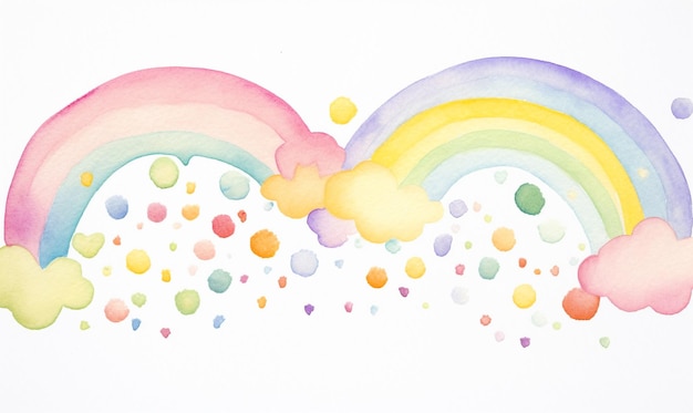 uma ilustração de um arco-íris e nuvens com pequenas bolas amarelas no estilo de aquarelas suaves