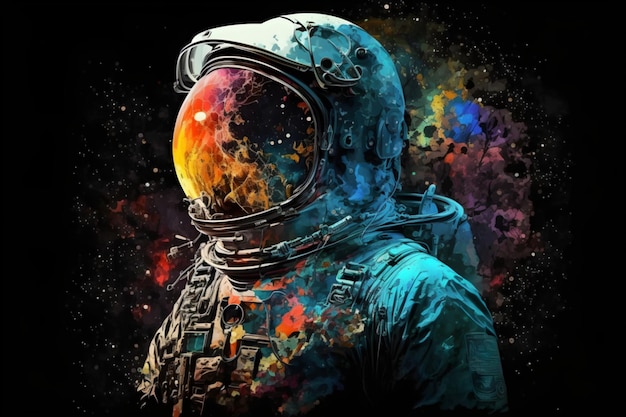 Uma ilustração de um astronauta com um fundo colorido.