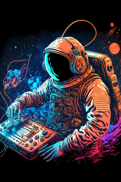 Uma ilustração de um astronauta tocando dj com um fundo colorido.