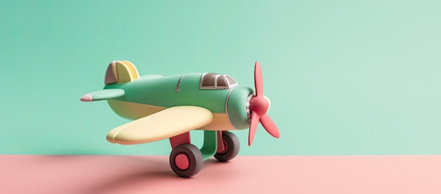 Uma ilustração de um avião de brinquedo descansando sobre um fundo verde claro em um estilo colorido com verde claro rosa claro e cores azul-petróleo Generative AI