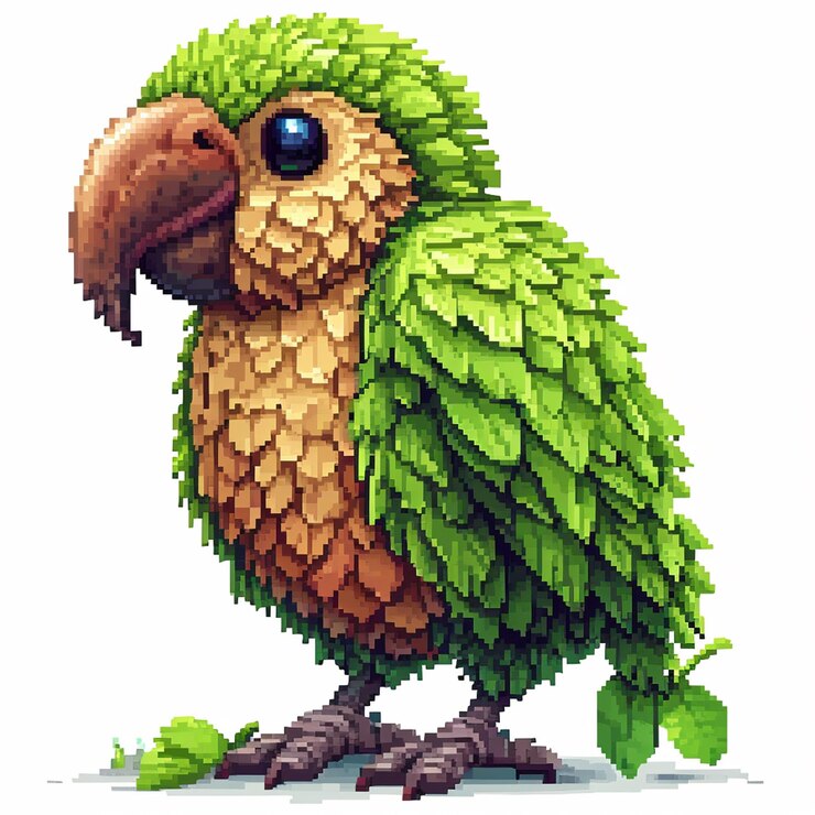 Foto uma ilustração de um bebê kakapo bonito em pixel