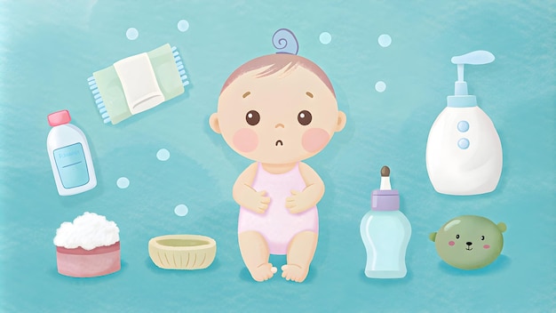 Uma ilustração de um bebê preocupado cercado por itens essenciais de banho como uma garrafa de shampoo, sabão e uma escova em um fundo azul tranquilo