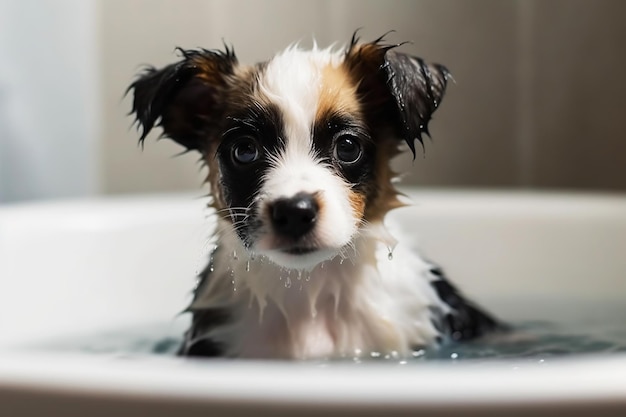 Uma ilustração de um cachorro fofo tomando banho cheio de espuma de sabão Generative AI