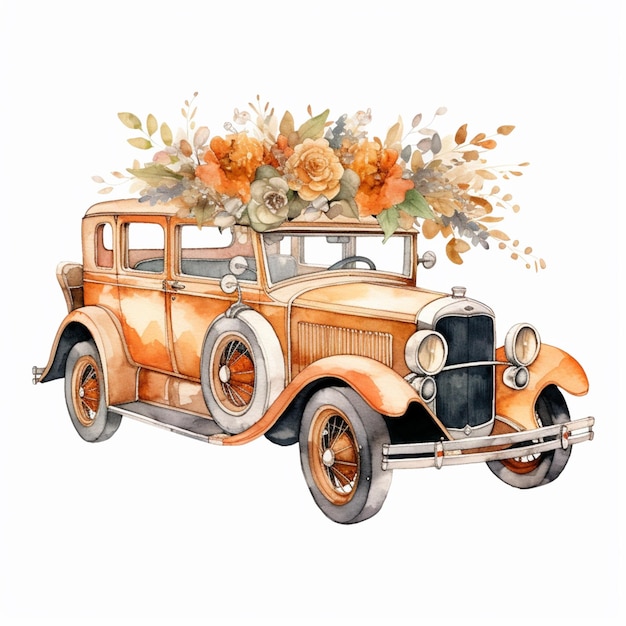 Uma ilustração de um carro antigo com flores no telhado