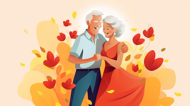 uma ilustração de um casal apaixonado com folhas e um homem de vestido vermelho.