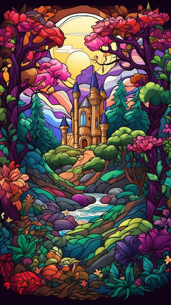 uma ilustração de um castelo cercado por árvores e flores