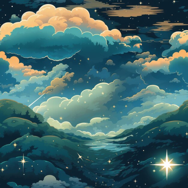 Foto uma ilustração de um céu noturno com estrelas e nuvens