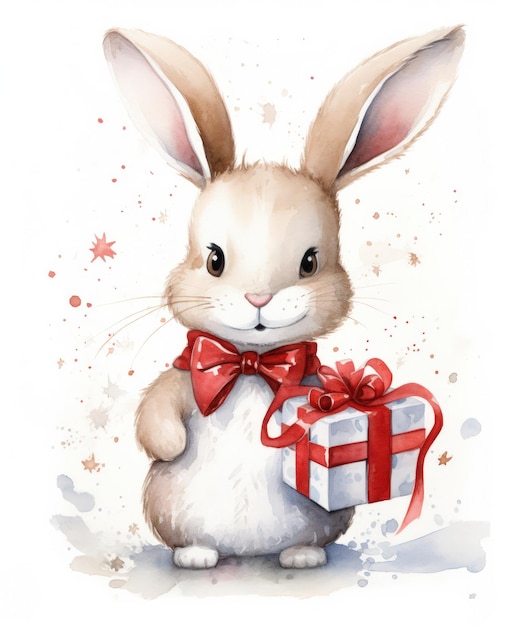 Uma ilustração de um coelho bonito com presentes de Natal isolado uma ilustração de uma coelhinha bonita
