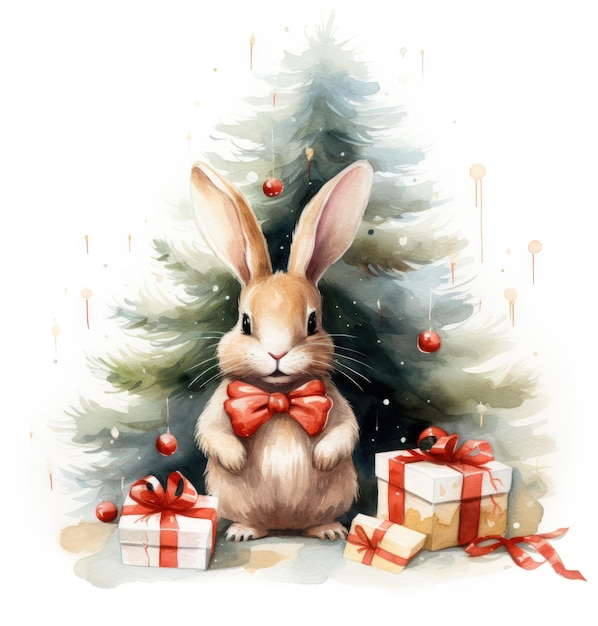 uma ilustração de um coelho bonito com presentes de Natal isoladouma ilustração de uma coelhinha bonita
