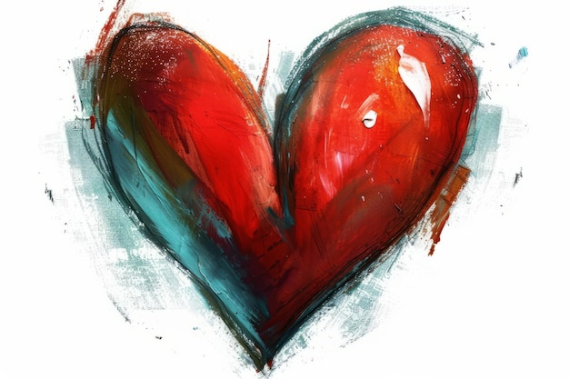 Uma ilustração de um coração vermelho com manchas de tinta azul e branca em um fundo branco