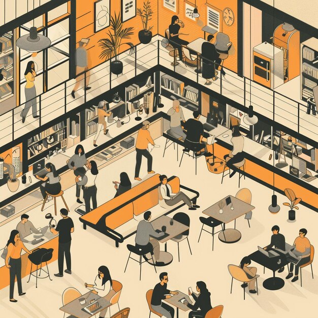 uma ilustração de um coworking com muitas pessoas