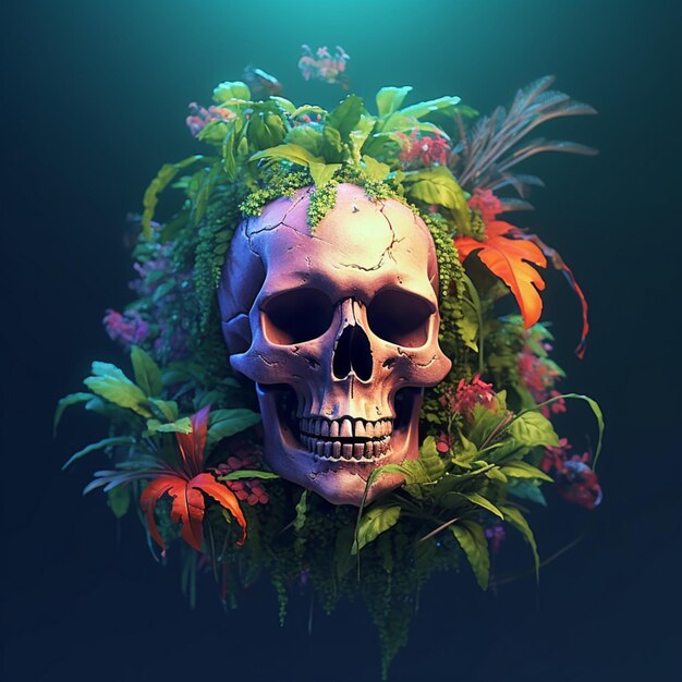 Foto uma ilustração de um crânio com um monte de plantas nele
