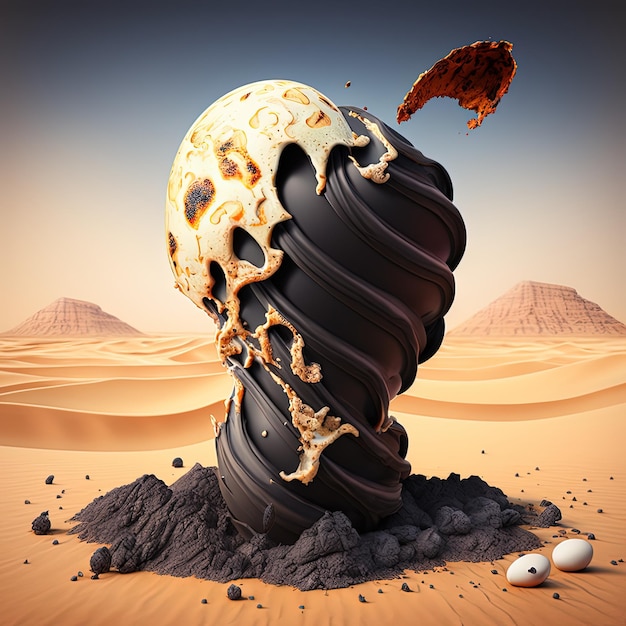 Uma ilustração de um deserto com um objeto preto que tem uma xícara de café sobre ele.