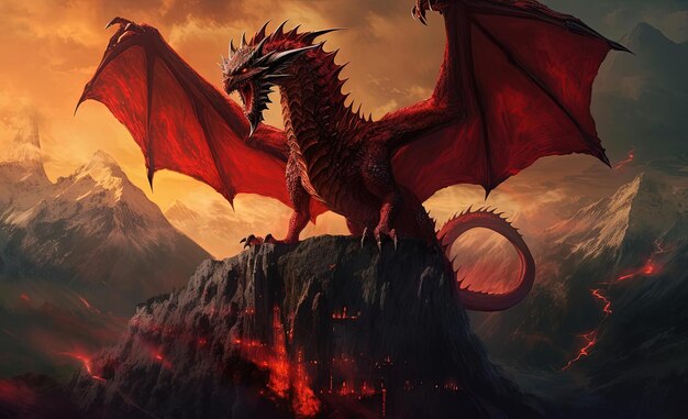 uma ilustração de um dragão vermelho de pé no topo de uma colina no estilo de pintura digital