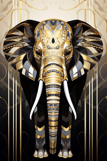 uma ilustração de um elefante com um padrão dourado e preto