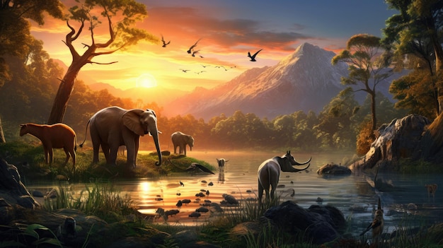 uma ilustração de um elefante e uma ovelha em um pôr do sol