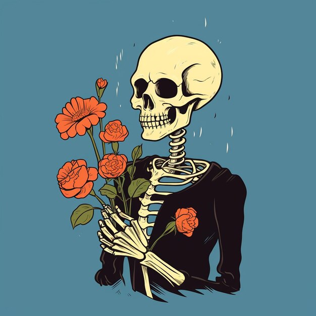 Foto uma ilustração de um esqueleto com um rosto doce segurando uma flor desenho de camiseta de moda