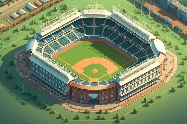 Uma ilustração de um estádio de beisebol com um grande número de pessoas sentadas no chão.