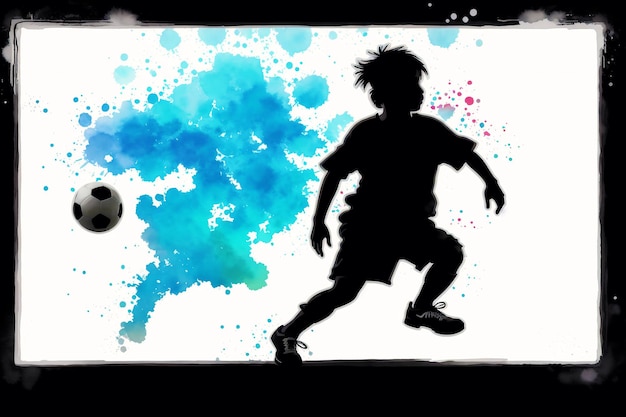 Uma ilustração de um garotinho asiático jogando futebol silhueta pintura aquarela generativa AI