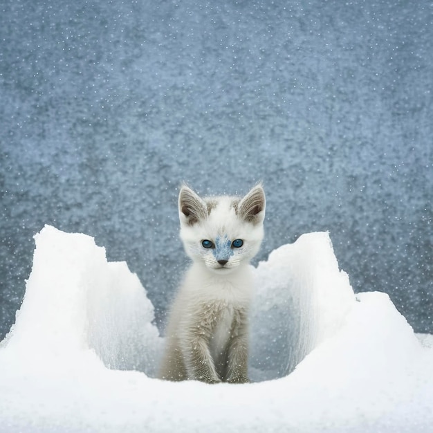 Uma ilustração de um gato branco majestoso e gracioso desfrutando de um passeio sereno em um país das maravilhas do inverno, em meio a uma paisagem cênica de neve retratando a calma e a beleza da natureza no inverno. criado com Ge