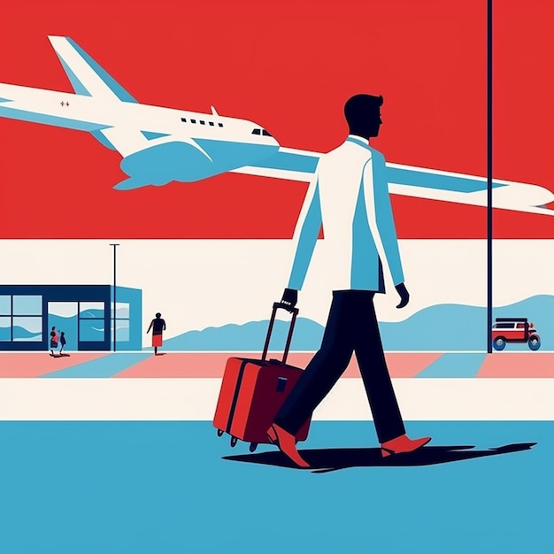 Uma ilustração de um homem andando com uma mala na frente de um avião.