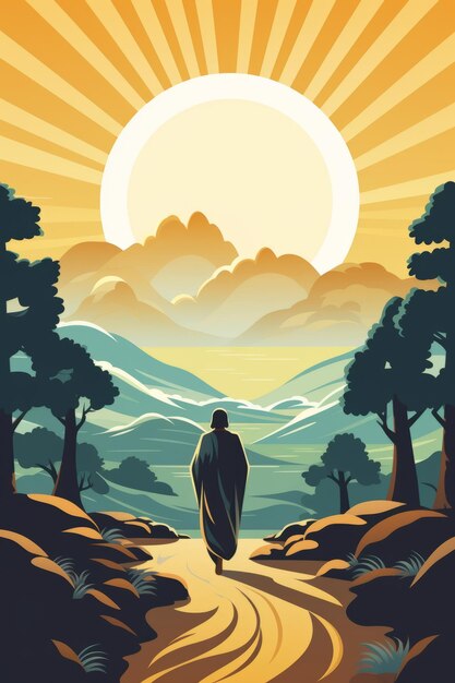 uma ilustração de um homem andando por uma estrada de terra em frente ao sol