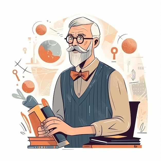 Uma ilustração de um homem com barba e óculos.