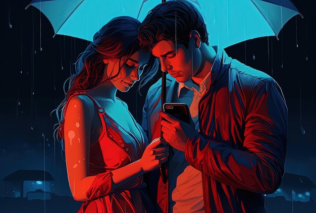 uma ilustração de um homem cuidando de uma mulher com guarda-chuva
