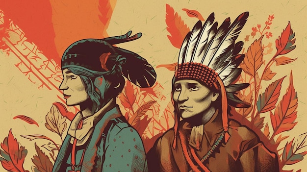 Uma ilustração de um homem e uma mulher em roupas nativas americanas.