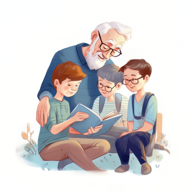 Uma ilustração de um homem lendo um livro com um menino e um menino lendo um livro.