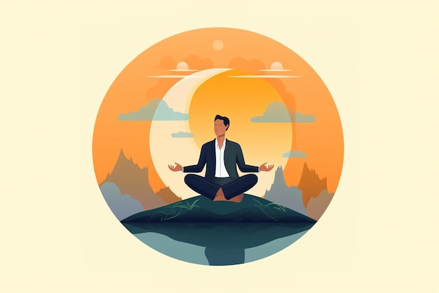 Uma ilustração de um homem meditando na frente de uma montanha.