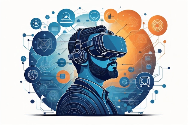 Foto uma ilustração de um homem usando um fone de ouvido de realidade virtual.