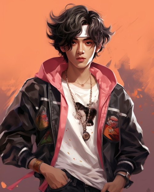 uma ilustração de um jovem com cabelos pretos e uma jaqueta rosa